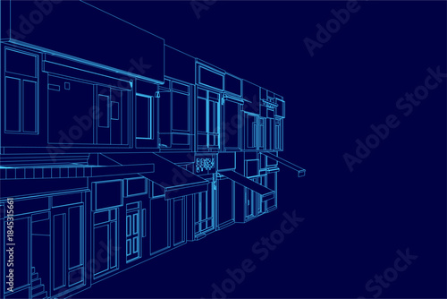 Blueprint of a modern Asian shopfront row with detailed architectural contours. The townhouse design features distinct windows, doors, and balconies on a dark blue background.