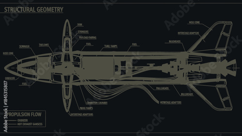 Detailed blueprint of a futuristic spacecrafts internal structure and propulsion flow schematic diagram for sci-fi concept art and techn