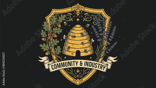 Vintage beehive emblem with community and industry banner