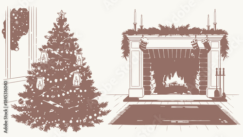 Christmas tree and fireplace scene festive holiday illustration for winter decoration and greeting cards vintage sketch style