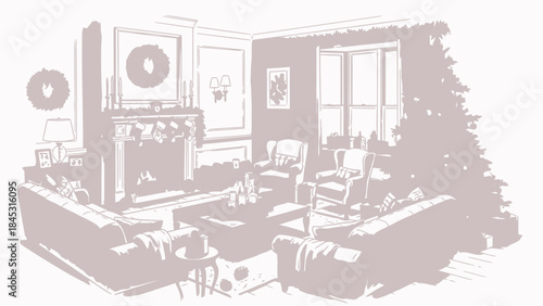 Cozy living room decorated for Christmas with a fireplace and tree perfect for holiday greetings and