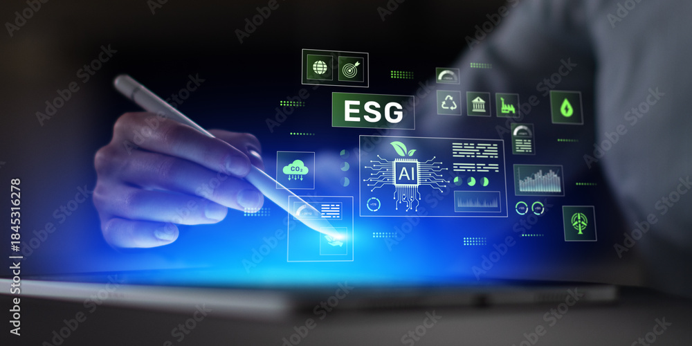 Fototapeta premium ESG Sustainable Management Interface With AI-Driven Environmental Analytics Displayed on a Digital Tablet.