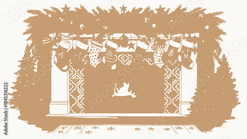 Christmas fireplace with stockings and fir trees festive holiday scene perfect for winter greetings 
