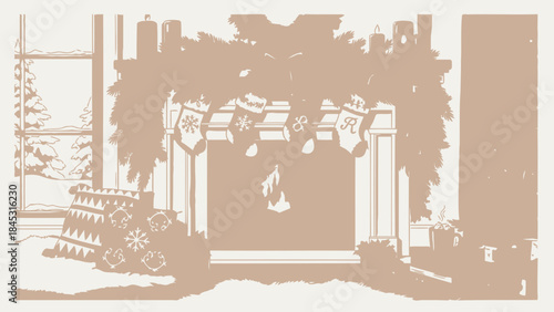 Cozy Christmas fireplace with stockings and pine garland festive holiday scene warm winter interior 