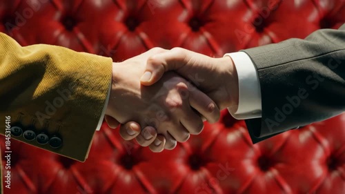 Two hands engaged in a firm handshake against a luxurious red tufted background, symbolizing agreement and partnership
