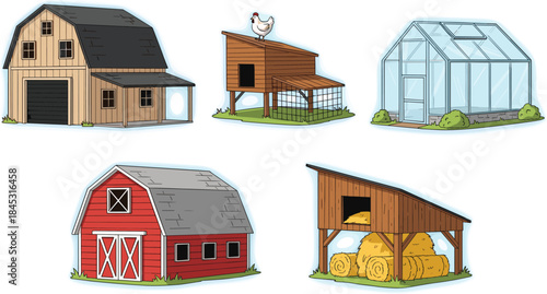 Cartoon farm building set featuring barn, chicken coop, greenhouse, and hay shed in colorful agricultural and rural style