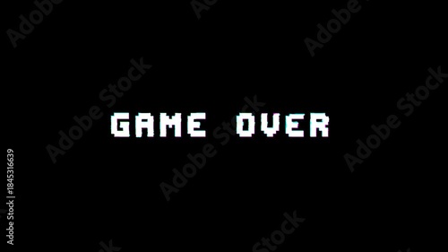 GAME OVER PIXEL GLITCH. Retro 8-Bit Arcade Text Animation with RGB Noise and Digital Distortion