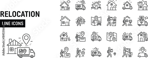 Relocation and Moving Line Icons Set vector illustration