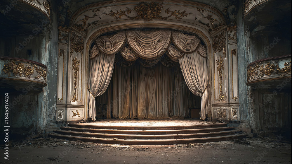 Obraz premium Abandoned theater stage with ornate curtains and intricate details, showcasing a sense of nostalgia and decay in an empty performance space with dramatic lighting