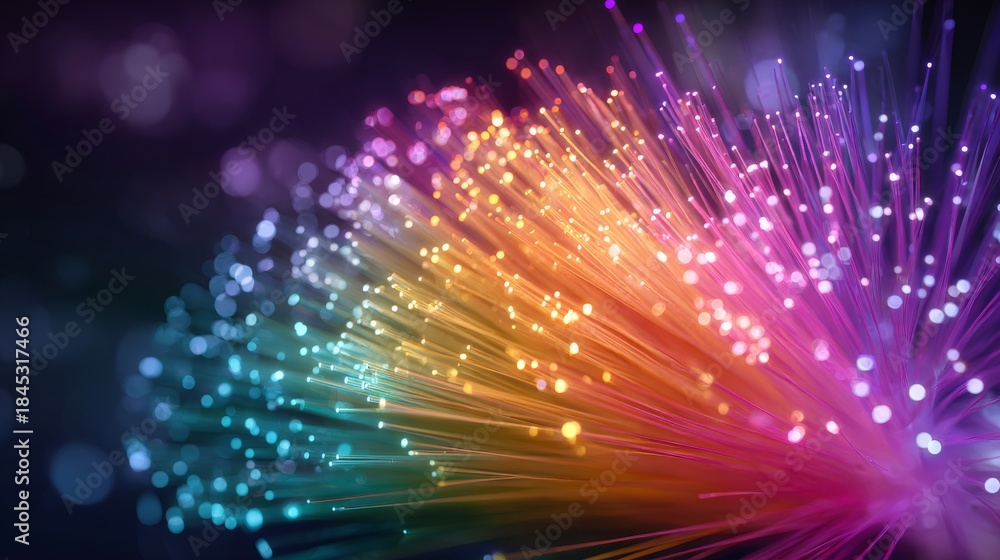 Fototapeta premium Vibrant Fiber Optic Cables with Glowing Multicolored Light Streaks Representing High-Speed Data Transmission, Internet Infrastructure