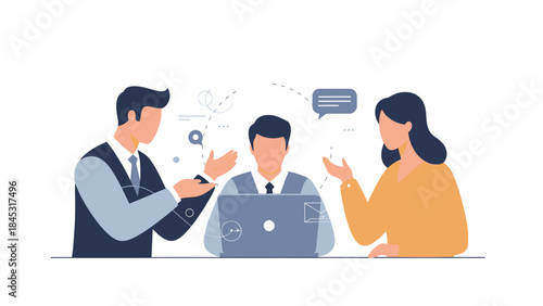 Business team discussing ideas on laptop in modern office setting