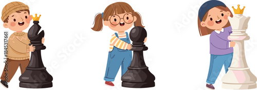 Cartoon children holding oversized chess pieces including bishop, pawn, and queen in playful strategic and educational style