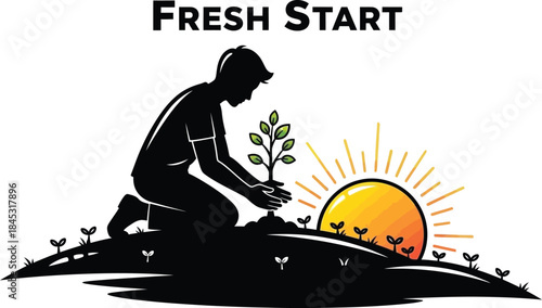 Man planting a young tree at sunrise with fresh start