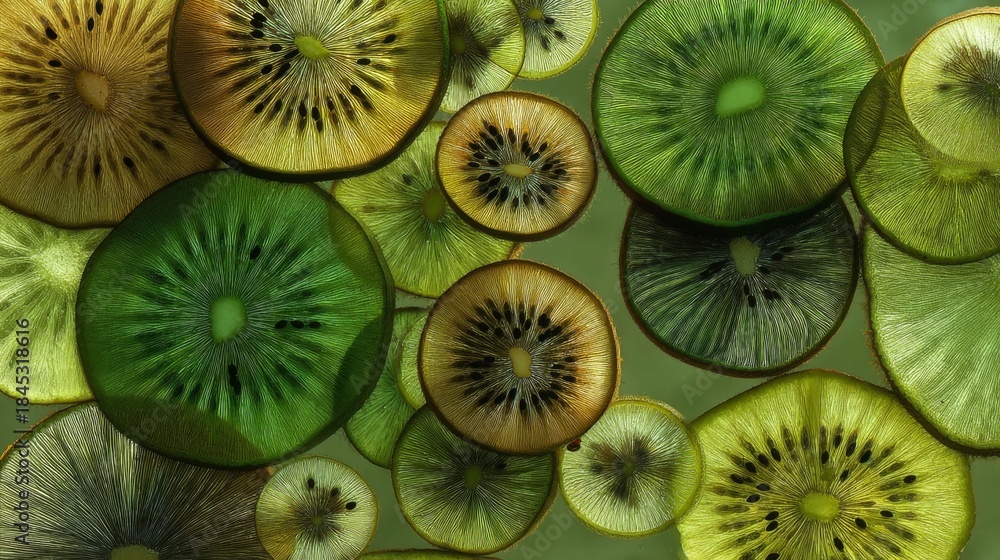 Fototapeta premium Colorful Slices of Kiwi in Various Shades Displayed on a Green Background