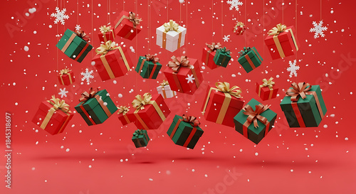 Floating Christmas gifts and decorations suspended in mid-air against a vibrant red background with snowflakes