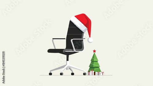 Festive office chair with Santa hat and Christmas tree