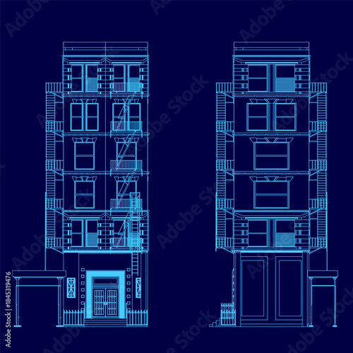 Blueprint of a modern two-story apartment building with multiple windows and balconies, presented as a clean white contour on a solid blue background.