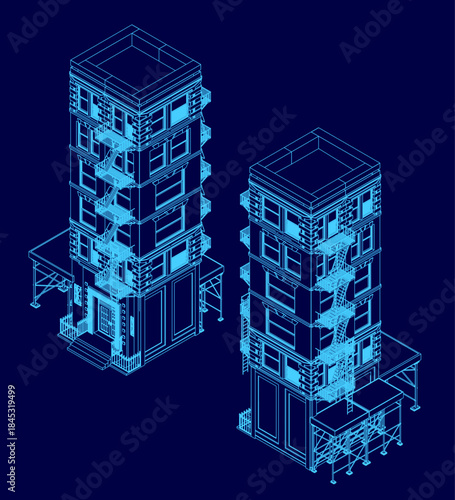 Detailed architectural blueprint of two unique tall building contours on a solid blue background. The white structures feature distinct designs and stand in sharp contrast.