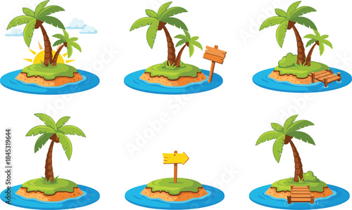 Cartoon tropical island illustrations featuring palm trees, docks, signs, and sunny skies in playful vacation and adventure style