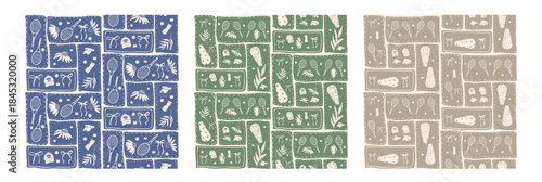Tennis-themed seamless patterns bento grid rackets, balls and bows. Retro monochrome patchwork sport coquette prints with continuous repeating design backgrounds. Vector tennis green, blue, beige bg.