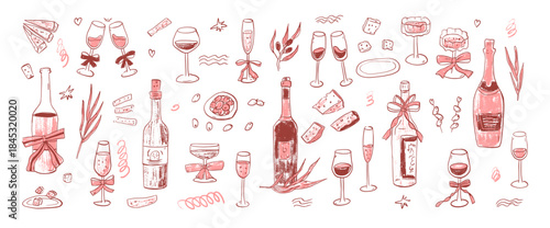 Coquette bachelorette party set. Wine, cheese, bow doodles. Whimsical hand drawn mediterranean drink tasting. Sketch girly line cocktail scribble illustration. Vector wineglasses isolated.