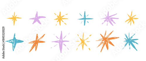 Pastel brush hand drawn stars. Crayon twinkles spark set. Pencil scribble twinkles collection. Kids paint stickers blinks. Christmas childish blue, yellow vector asterisk isolated no background.