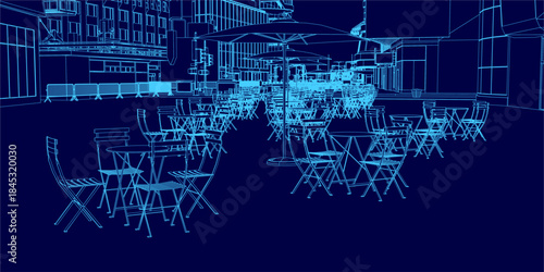 A futuristic city street contour drawing in blue features outdoor cafe tables, chairs, and an umbrella against simplified building silhouettes.