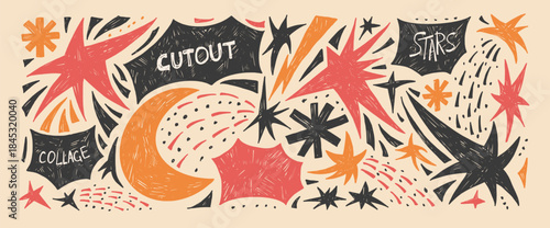 Chalk space stars, bang text boxes cutout collage. Crayon abstract geometric shapes background set. Geometry freeform abstract naive hand drawn scribbles twinkles figures. Vector handmade callout.