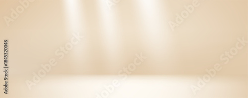 Studio room warm beige gradient background with spotlight. Light neutral wall product room. Minimal pastel floor scene. Empty desk stage for cosmetic presentation. Vector template illustration.