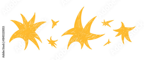 Pastel brush space stars with chalk-like texture set. Hand-drawn doodle elements in yellow. Perfect for creative illustrations, stickers, and graphic designs. Vector linocut blinks spark elements.