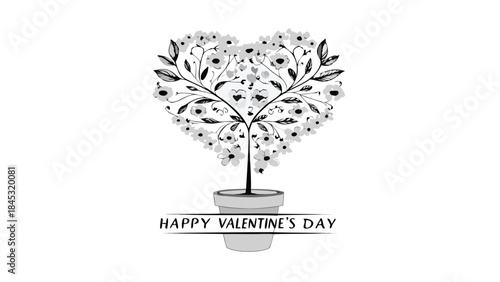 Black and white heart shaped plant with flowers in a pot on valentine's day with text