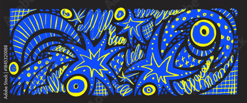 Stars and arrows cutout abstract geometric shapes background. Geometry freeform collage naive blue and yellow night doodle figures. Scrapbook twinkle stickers with irregular blob. Vector illustration.