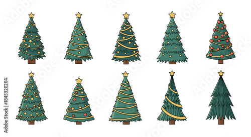 Ten stylized christmas trees with varied heights garlands ornaments and star toppers are displayed in two neat rows for festive decorative reference.