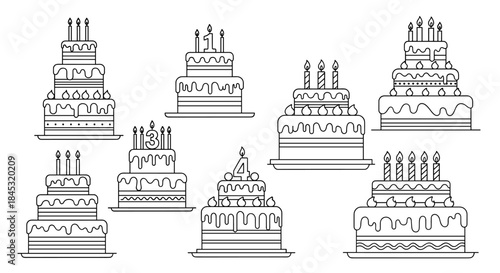 Lineup of multiple birthday cakes with candles in a black and white illustration showing tiered designs and decorative icing.
