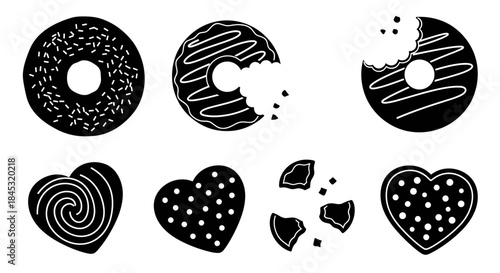 Silhouettes of donuts and heart shaped treats in black with patterns of sprinkles swirls and dots plus broken pieces for a playful dessert set.