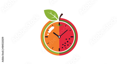 Colorful clock fruit illustration blends time and nature with a bright circular design showing orange and red halves and a green leaf.