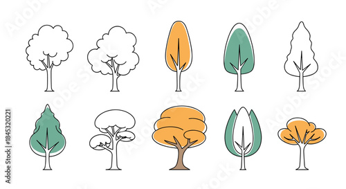Illustrated collection of diverse trees with rounded canopies tall slender forms autumn colors whimsical trunks and a playful garden scene for design ideas.
