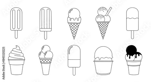 Line art illustration set showing a variety of frozen desserts such as ice cream cones cups popsicles and soft serves in clean minimal outlines.