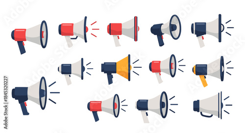 Collection of colorful megaphones in diverse sizes arranged at varied angles to evoke loudspeakers amplifiers and public announcement props for events.
