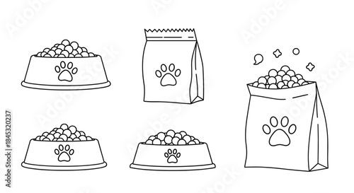 Several pet bowls and a bag of dog food arranged in a simple line up showing different containers and a large filled bag with paw print motifs.