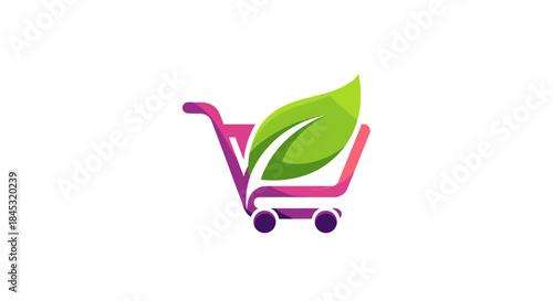 Vibrant eco friendly shopping cart illustration with a green leaf accent conveying sustainable groceries and environmentally conscious consumer choices.
