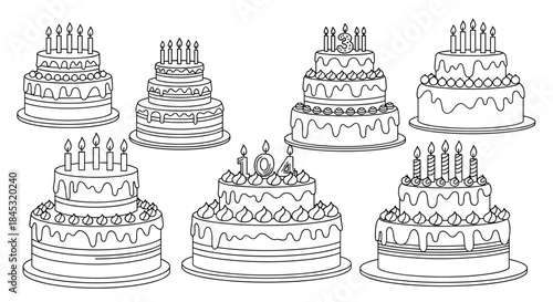 Multiple ornate birthday cakes with lit candles arranged in a festive display featuring multiple tiers decorative icing and rich frosting for a joyous celebration.