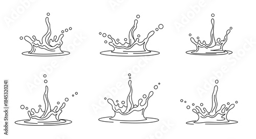 Six stylized line drawings depict dynamic water splashes rising from a circular pool with droplets suspended mid air in a minimalist composition.