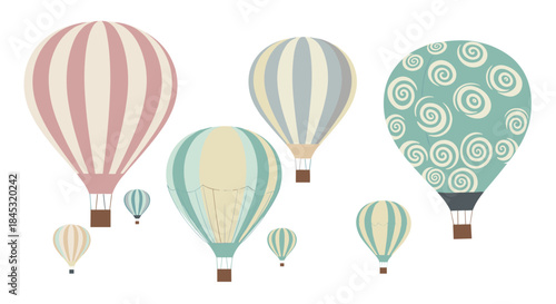 Pastel hot air balloons drift gently over a calm landscape creating a whimsical festival scene with soft colors and graceful striped canopies.