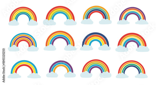 Collection of bright rainbow arches with fluffy clouds arranged in rows for cheerful decorative design across vibrant color palettes and soft sky imagery.