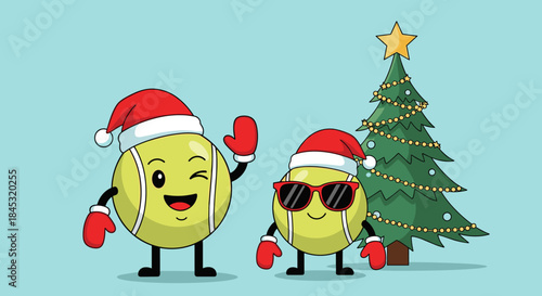 Two cheerful holiday emojis wearing Santa hats and red gloves pose happily beside a decorated Christmas tree under a blue sky in a festive cartoon scene.