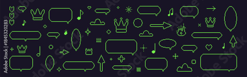 Pixel dialogue boxes. 8 bit retro green speech bubbles outlines set. Game pixel art chat text boxes with crown, music note, arrows. Vector talk frames balloons messages isolated on black background.