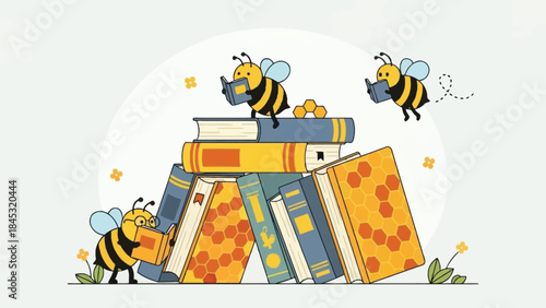 Cute bees collecting books in a playful library scene