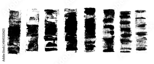 Linocut grunge rough texture lines. Ink roller long stripes background. Grunge letterpress rectangles.Printmaking brayer stroke. Painted relief stain. Vector lino shapes illustration isolated no bg.