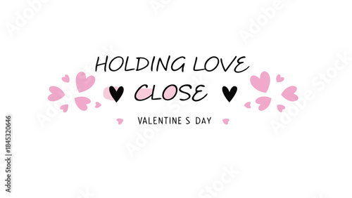 Valentine's day graphic with pink hearts and black text saying holding love close